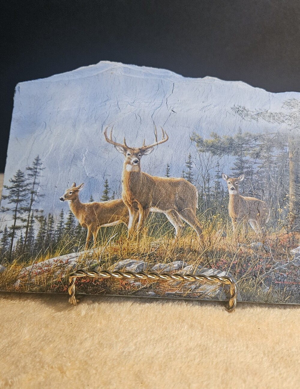 Vintage James Hautman "Autumn Whitetails" Wildlife Painting on Natural Slate